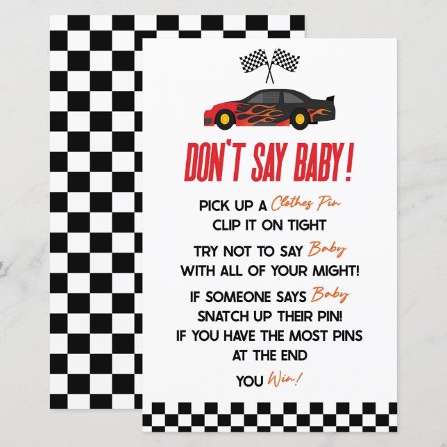 Red Race Car Don't Say Baby Shower Game (Front/Back)
