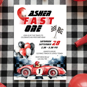 Red Race Car Fast One 1st Birthday Invitation