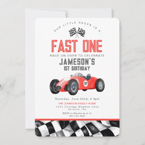 Red Race Car Fast One 1st Birthday Party Invite