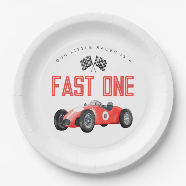 Red Race Car Fast One 1st birthday party Paper Plates (Front)