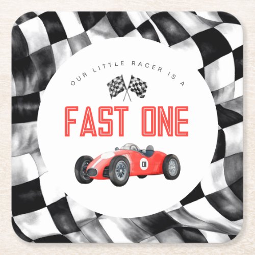 Red Race Car Fast One 1st birthday party Square Paper Coaster