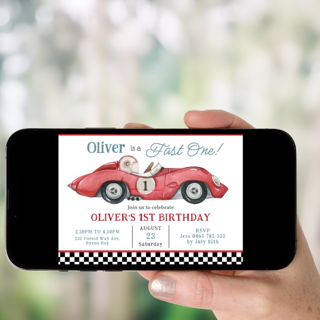 Red Race Car Fast One 1st First Birthday Party  Invitation (Front Digital)