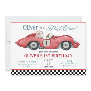 Red Race Car Fast One 1st First Birthday Party  Invitation