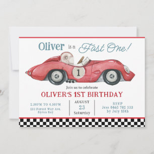 Red Race Car Fast One 1st First Birthday Party  Invitation