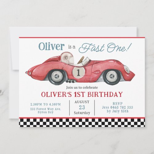 Red Race Car Fast One 1st First Birthday Party  Invitation