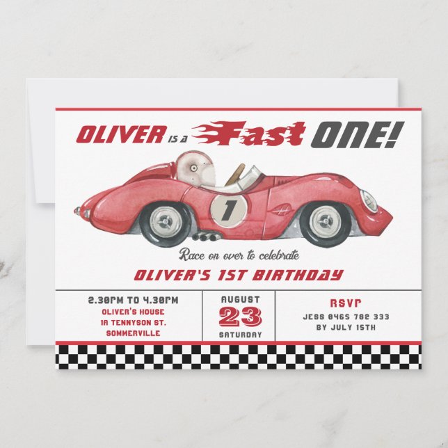 Red Race Car Fast One 1st First Birthday Party  Invitation (Front)