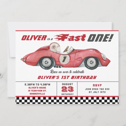 Red Race Car Fast One 1st First Birthday Party  Invitation