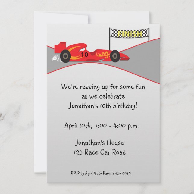 Red Race Car, Finish Line, Birthday Invitation (Front)