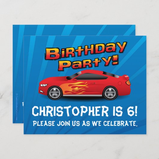 Red Race Car Flames Boys Birthday Party Invitation (Front/Back)