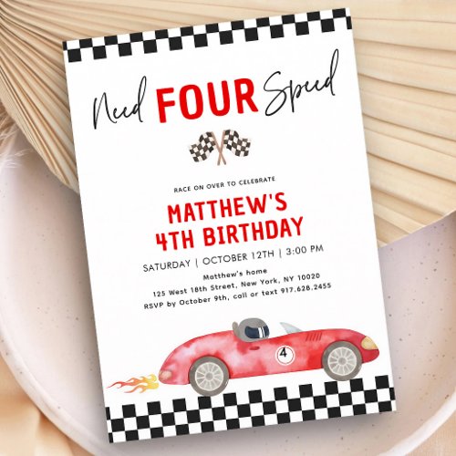Red Race Car Fourth Birthday Invitation