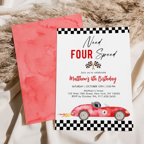 Red Race Car Fourth Birthday Invitation