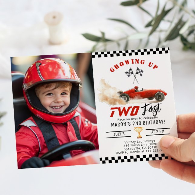 Red race Car Growing up Two Fast Photo Birthday Invitation (Creator Uploaded)