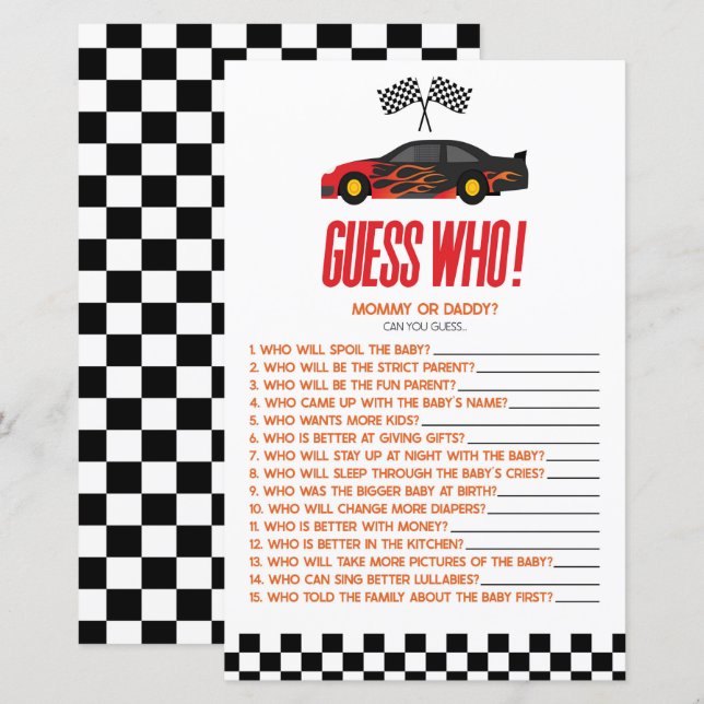 Red Race Car Guess Who Baby Shower Game (Front/Back)