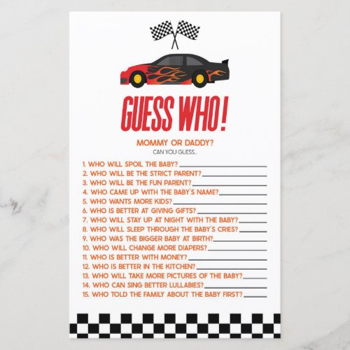 Red Race Car Guess Who Baby Shower Game