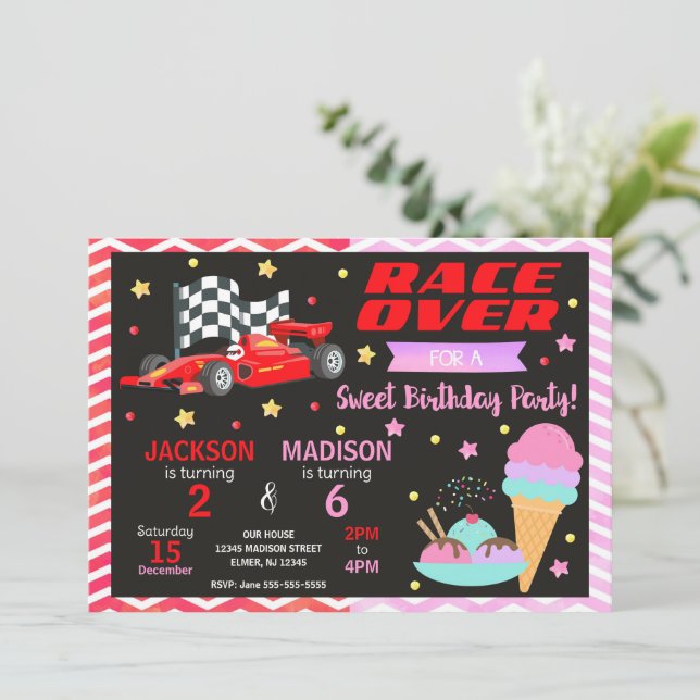 Red Race Car & Ice Cream Joint Birthday Invitation (Standing Front)