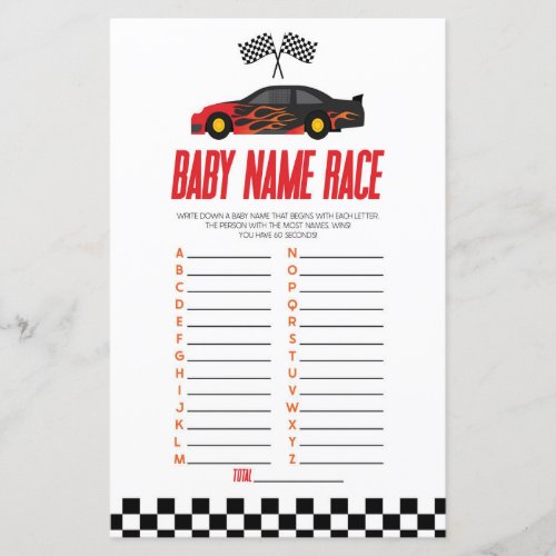 Red Race Car Name Race Baby Shower Game