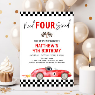 Red Race Car Need Four Speed Fourth Birthday Invitation