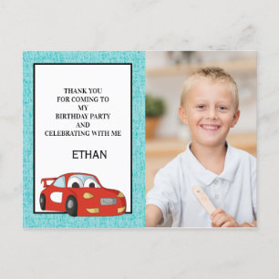 Red Race Car on Blue Birthday Photo Thank You Postcard