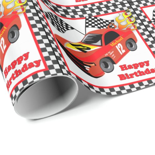 Red Race Car Personalized Birthday  Gift Wrapping Paper