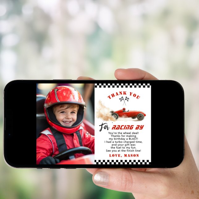 Red Race Car Photo Birthday Thank you card (Front Digital)