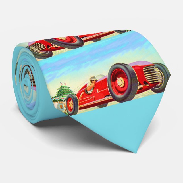 red race car print neck tie (Rolled)