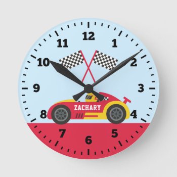 Red Race Car Racer Boys Bed Wall Decor Round Clock by RustyDoodle at Zazzle