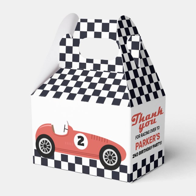 Red Race Car Racing Birthday Party Checkered Favor Boxes (Front Side)