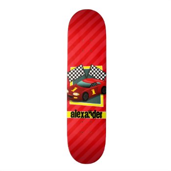 Red Race Car; Scarlet Red Stripes Skateboard by Birthday_Party_House at Zazzle