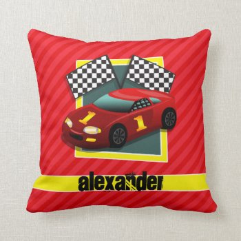 Red Race Car; Scarlet Red Stripes Throw Pillow by Birthday_Party_House at Zazzle