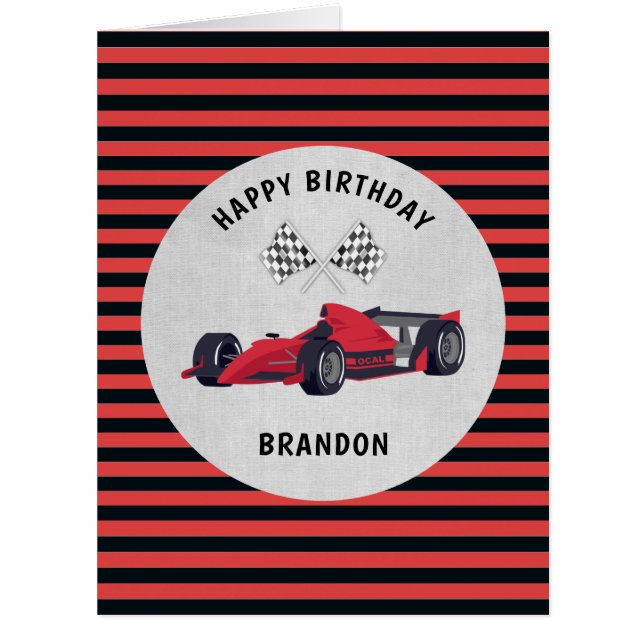 Red Race Car Striped Birthday Card (Front)