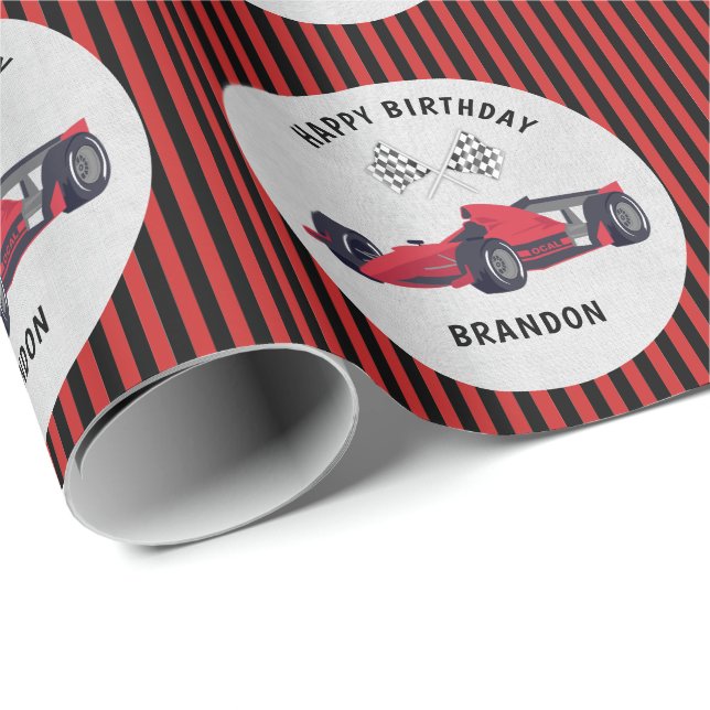 Red Race Car Striped Birthday Personalized Wrappin Wrapping Paper (Roll Corner)