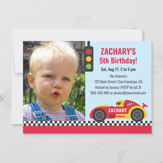 Red Race Car Themed Boys Birthday Party Photo Invitation (Front)