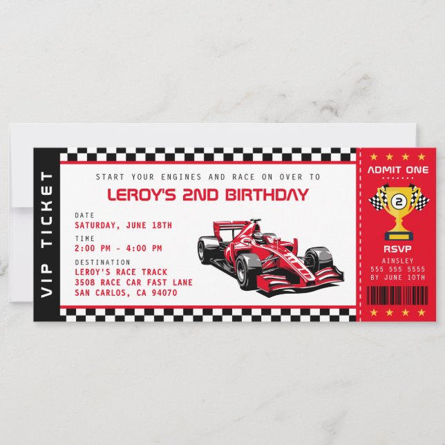 Red Race Car Ticket Pass Boy Birthday Party Invitation (Front)