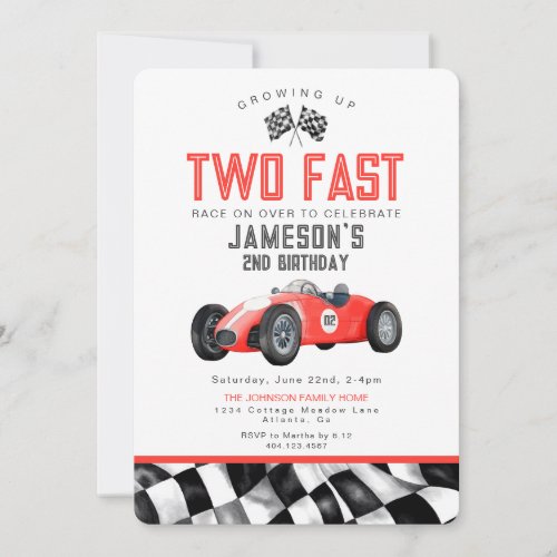 Red Race Car Two Fast 2nd Birthday Party Invite