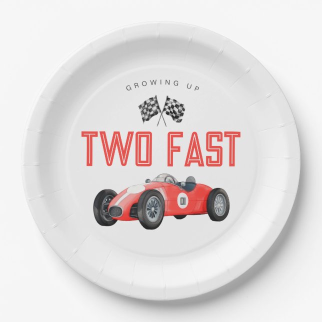 Red Race Car Two Fast 2nd birthday party Paper Plates (Front)