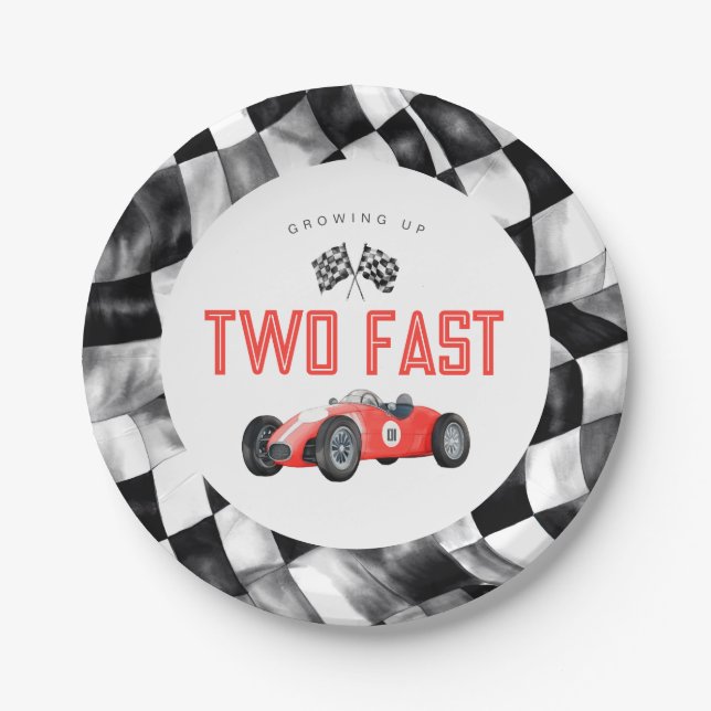 Red Race Car Two Fast 2nd birthday party Paper Plates (Front)