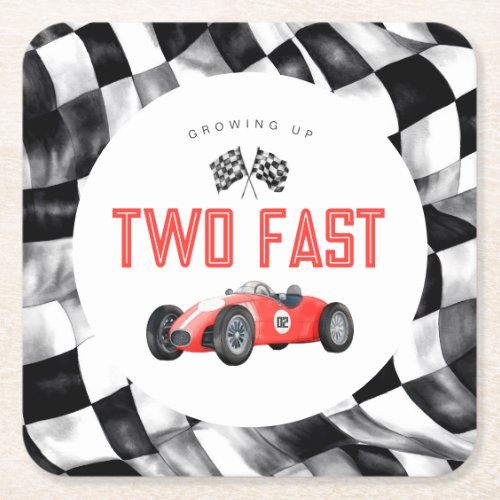Red Race Car TWO Fast 2nd birthday party Square Paper Coaster