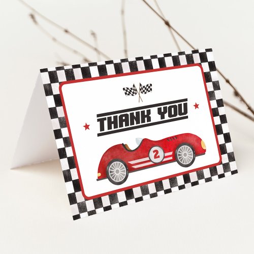 Red Race Car Two Fast Boy Birthday Party Thank You Card