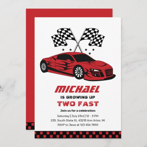Red Race Car Two Fast Boys 2nd Birthday Invitation