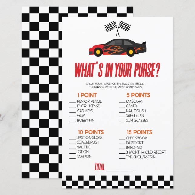 Red Race Car What's In Purse Baby Shower Game (Front/Back)