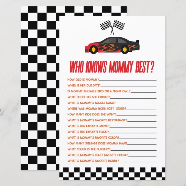 Red Race Car Who Knows Mommy Baby Shower Game (Front/Back)