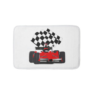 Red Race Car with Checkered Flag Bath Mat