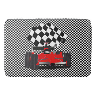 Red Race Car with Checkered Flag Bathroom Mat