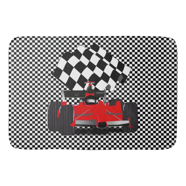 Red Race Car with Checkered Flag Bathroom Mat (Front)