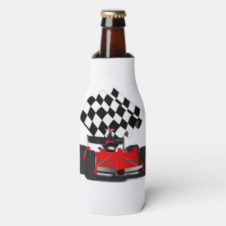 Red Race Car with Checkered Flag Can Cooler