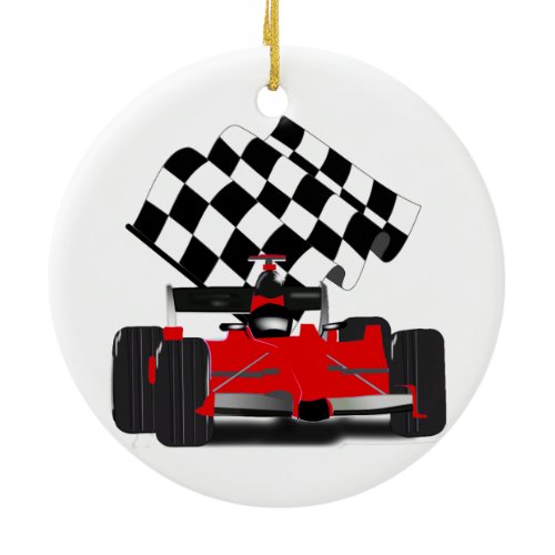 Red Race Car with Checkered Flag Ceramic Ornament