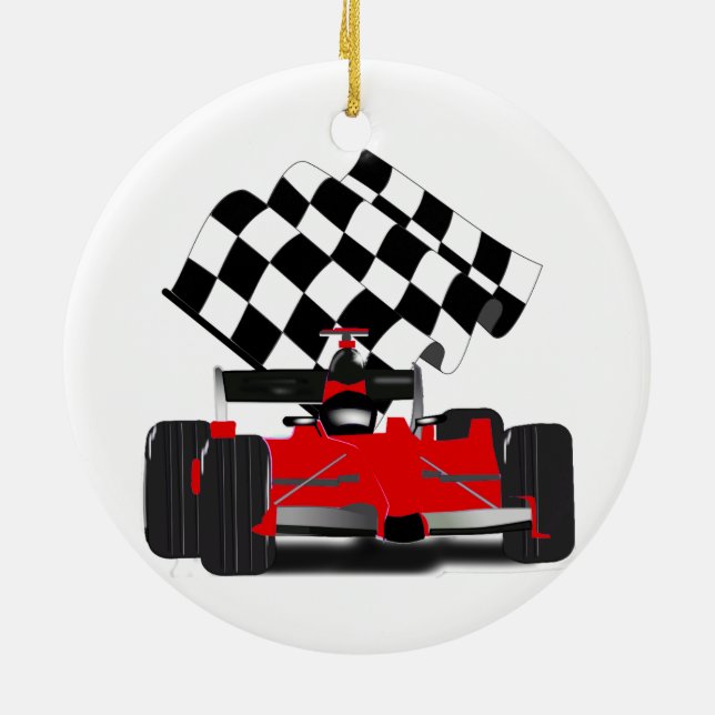 Red Race Car with Checkered Flag Ceramic Ornament (Back)
