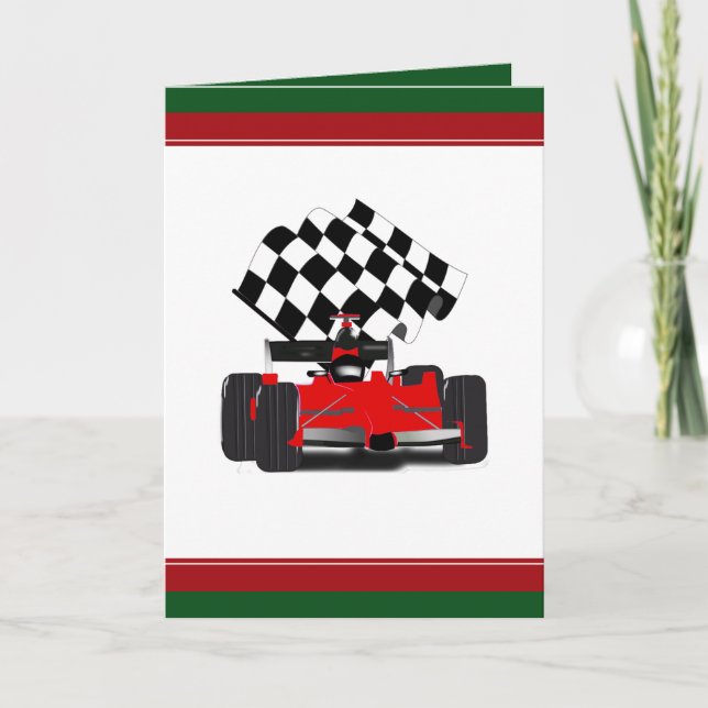 Red Race Car with Checkered Flag Christmas Holiday Card (Front)