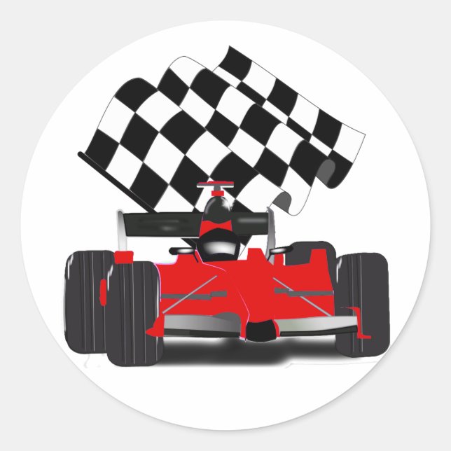 Red Race Car with Checkered Flag Classic Round Sticker (Front)