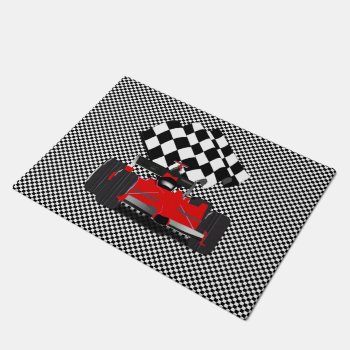 Red Race Car With Checkered Flag Doormat by gravityx9 at Zazzle